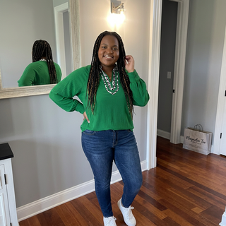 Curvy Green Puff Sleeve Top w/ Leopard Trim