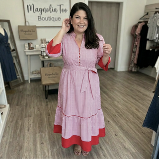 Curvy Red Pinstriped Ruffled Hem Midi Dress w/ Pockets FINAL SALE