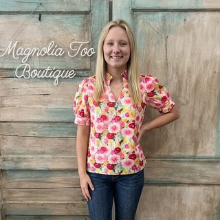 Pink Floral Frilled V Neck Puff Short Sleeve FINAL SALE