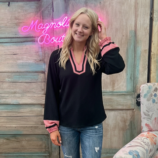 Black Textured V-Neck Pink Contrast Top