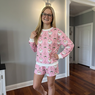 Pink Santa Long Sleeve Top and Shorts Pajama Set