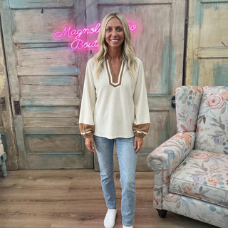Cream Textured V-Neck Tan Contrast Top