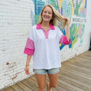 Pink Striped Collared Colorblock Polo FINAL SALE