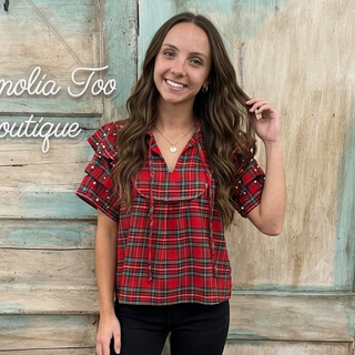 Red Plaid Pearl Embellished Short Ruffle Sleeve Top