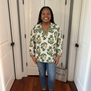 Curvy Green Floral Print 3/4 Sleeve Top