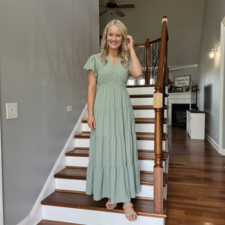 Light Sage V Neck Puff Sleeve Maxi Dress FINAL SALE