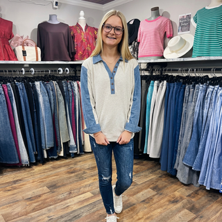 Heather Gray Long Sleeve Denim Buttoned Polo