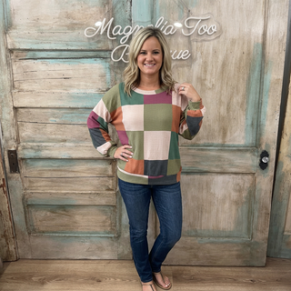 Colorblock Textured Waffle Knit Long Sleeve Top