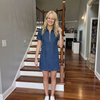 Denim Zip Up Collar Short Sleeve Dress w/ Pockets