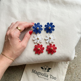 Crocheted Straw Red, White, Blue Drop Earrings