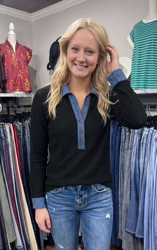 Black Long Sleeve Denim Buttoned Polo