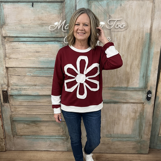 Maroon Flower Patched Round Neck Top