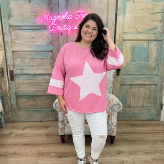 Curvy White Star Patched Pink Colorblock Top