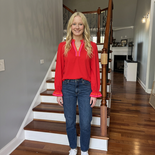 Red Ruffled Split Neck Striped Trim Top
