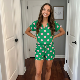 Green Polka Dot Print V Neck Top and Pocketed Short Set FINAL SALE