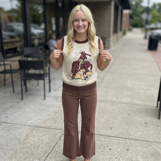 Rum Brown Acid Washed Frayed Cutoff Hem Straight Wide Pants