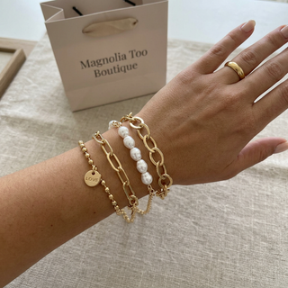 3 Piece Pearl/Gold Beaded Bracelet Set