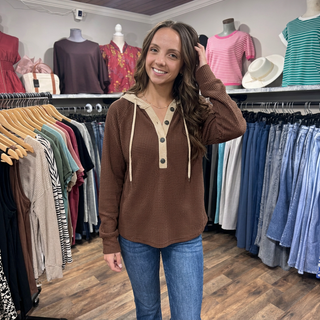 Mocha Half Buttoned Waffle Knit Hoodie w/ Contrasting Trim