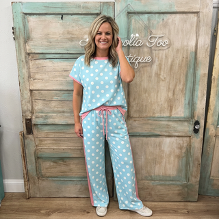 Baby Blue Polka Dot and Pink Striped Trim Pant Set Final Sale