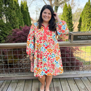 Curvy Coral Floral Buttoned Neck Dress Final Sale