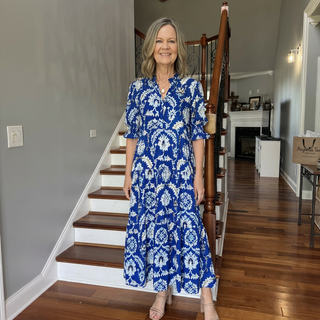 Blue Floral Frilled V-Neck 1/2 Sleeve Maxi Dress w/ Pockets