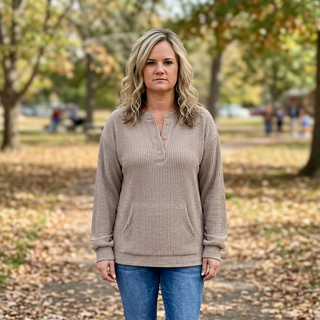 Taupe Ribbed Henley Knit Top