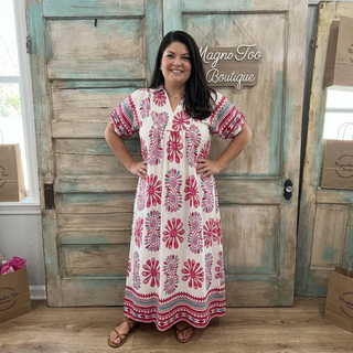 Curvy Berry Printed Smocked Yoke Midi Dress with Short Balloon Sleeves Final Sale