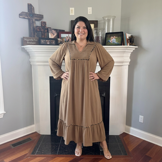 Curvy Light Mocha Smocked V-Neck Leopard Piping Maxi Dress w/ Pockets