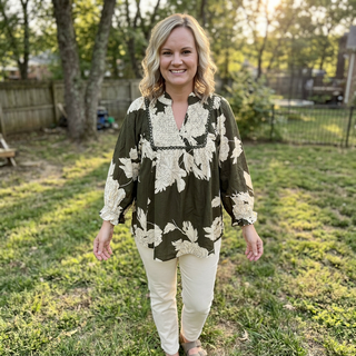 Olive Floral Smocked Yoke Peasant Blouse