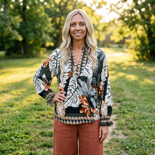 Espresso Tropical Border Print Split Neck Blouse