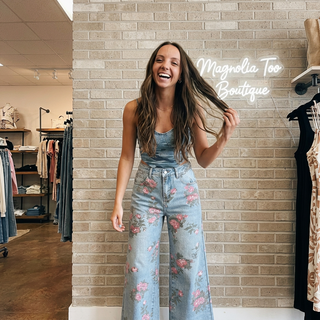 Pink Floral Print Wide Leg Jeans