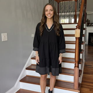 Black 3/4 Sleeve Dress with White Stitch Contrast and Pockets