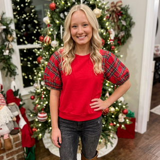 Red Plaid Contrast Short Puff Sleeve Top