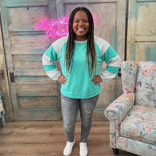 Curvy Turquoise Colorblock Cross Seam Top