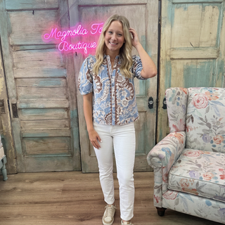 Light Blue Floral Print Scalloped Button Down Top