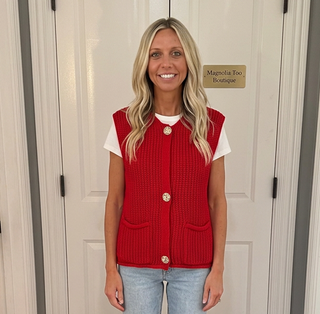 Red Knit Buttoned Vest w/ Pockets