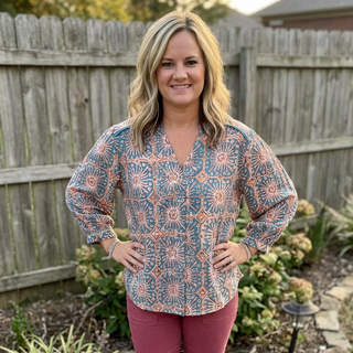 Blue Abstract Print Button-Front Blouse