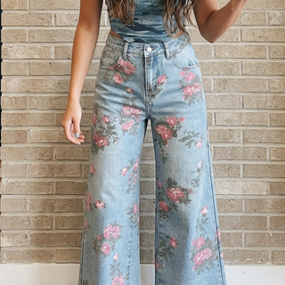 Pink Floral Print Wide Leg Jeans