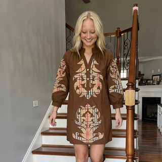 3/4 Sleeve Checkered Pattern Baroque Applique Dress w/ Pockets