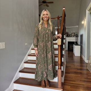 Olive Floral Print Contrast Trim Maxi Dress