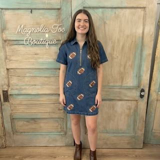 Sequin Football Denim Shift Dress w/ Pockets
