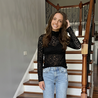 SC Black High Neck Fitted Sheer Mesh Lace Knit Top