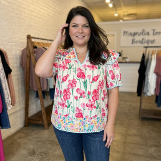 Curvy Pink Floral V Neck Top FINAL SALE