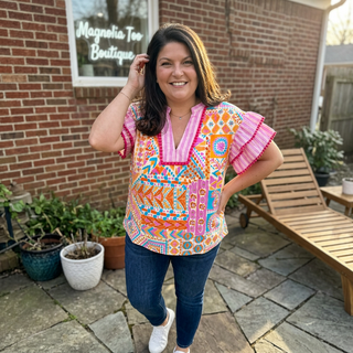 Curvy Geometric Print V Neck Ruffle Sleeve Top Final Sale