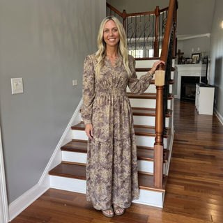 Brown Floral Smocked Waist Maxi Dress