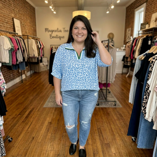 Curvy Blue Leopard Top w/ Green Striped V Neck