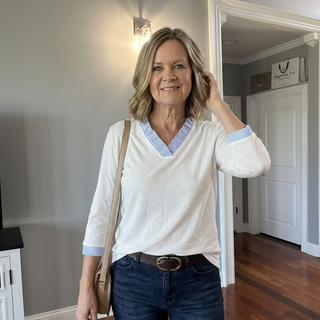 White V Neck Top with Striped Trim