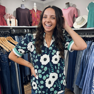 Navy Floral Print V Neck Top