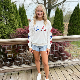 Sequin Patched USA White Relaxed Sweatshirt