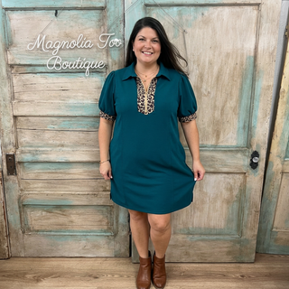 Curvy Dark Teal Dress w/ Leopard Contrast and Pockets